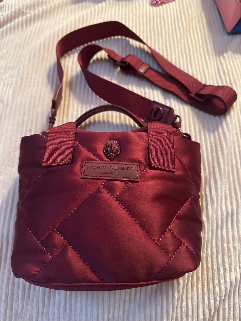Kurt Geiger Wine Quilted Satin Crossbody Bag